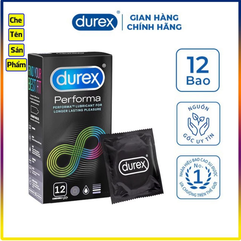 Bao cao su Durex Performa 12 bcs / hộp, bao cao su durex chống xuất tinh sớm + Tăng kèm 3 bao/hộp.