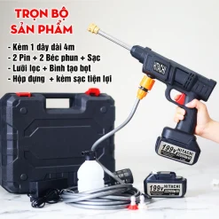 Máy Rửa Xe Cầm Tay 2 Pin Không Dây Áp Lực Cao Cho Mọi Loại Xe Pin 199V 25000mAH Công Suất 600w