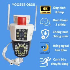 Camera Yoosee 2 Mắt Q836 - chuẩn 4K siêu nét - xem đêm có màu - xoay 360 BẢO HÀNH 5 NĂM