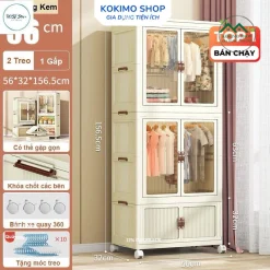 [Tiện lợi] Tủ treo quần áo cho bé có bánh xe–Gấp gọn, cửa trong suốt,nhựa PP cao cấp, chịu lực 100kg