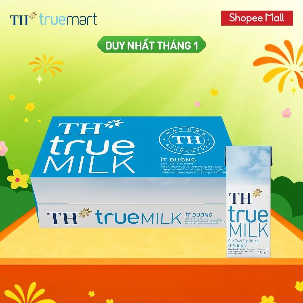 Thùng 48 hộp sữa tươi tiệt trùng TH true MILK ít đường 180 ml (180 ml x 48)