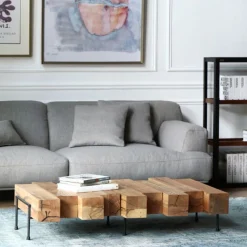 Bàn cà phê gỗ khối phong cách công nghiệp, bàn cà phê lắp ráp khối gỗ Bàn cà phê sáng tạo và độc đáo với thiết kế ống nư