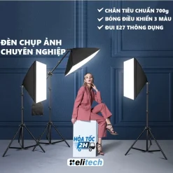 Bộ đèn studio chụp ảnh sản phẩm, quay phim, livestream chuyên nghiệp, chân cao 2m softbox 50x70cm