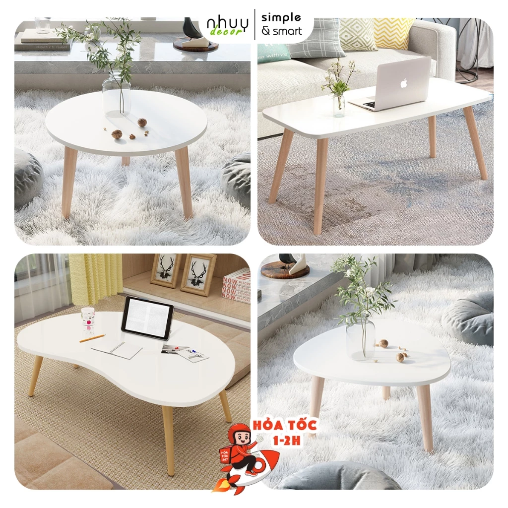 Bàn trà sofa bệt, bàn tròn cafe, bàn làm việc decor chân gỗ tự nhiên, lắp ráp 30s siêu đơn giản chắc chắn