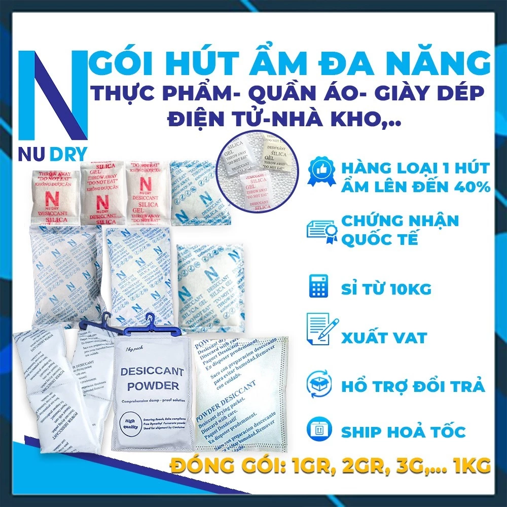 Gói hút ẩm NuDry Silicagel dùng cho thực phẩm tủ quần áo giày dép máy ảnh nhà kho đóng gói 1kg