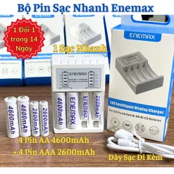 Combo Bộ Sạc nhanh ENEMAX 1.5v tự ngắt an toàn +4 PIN AA 4600mAh+4 PIN 2600mAh - Pin sạc tái sử dụng,pin mic hát karaoke