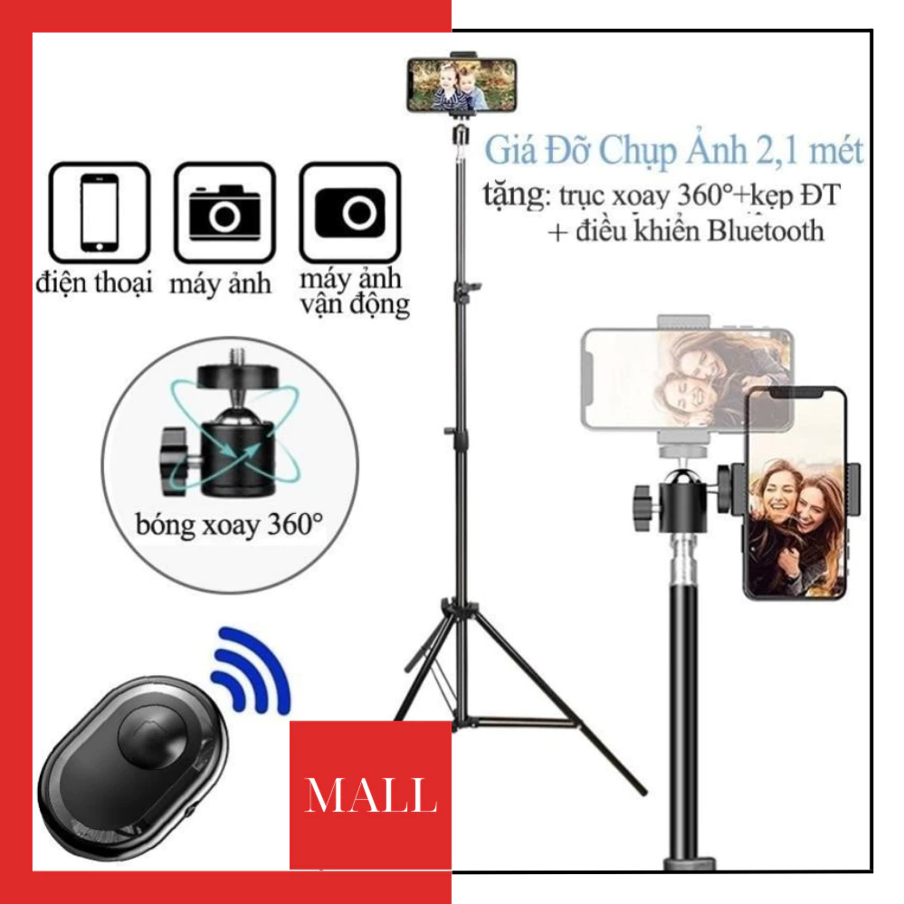 Chân đế đỡ livestream gậy 3 chân chụp hình cao 2 mét có remote bluetooth cho điện thoại và máy ảnh -Có BH