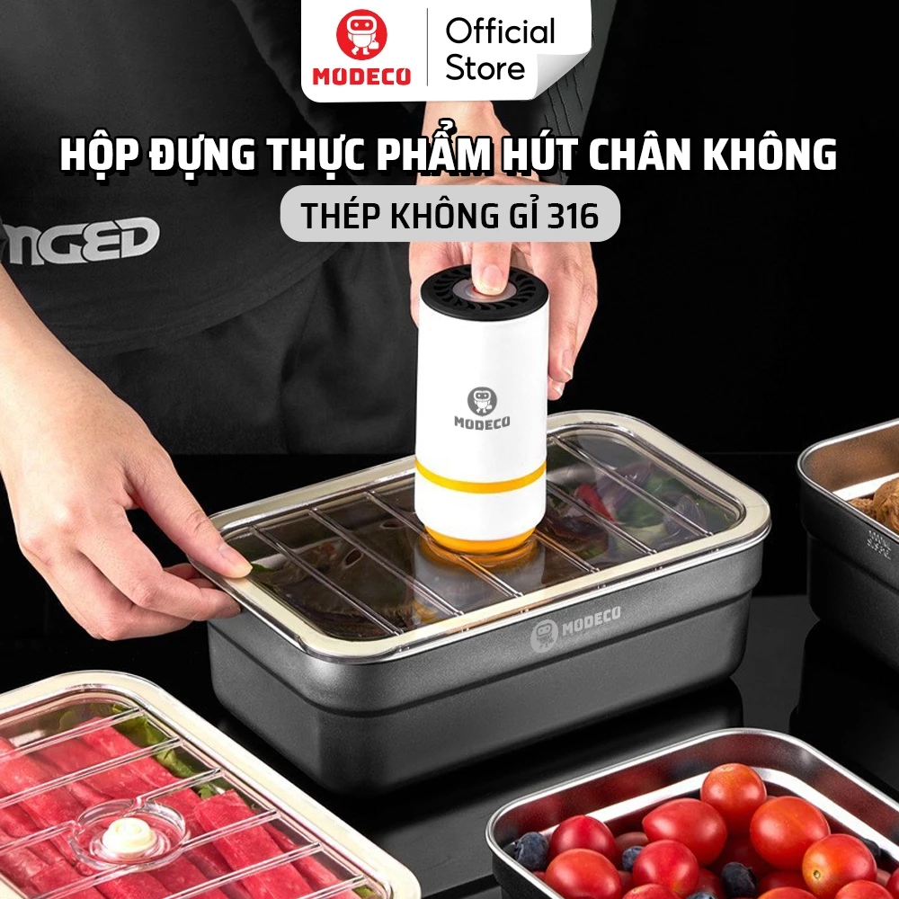 Hộp Đựng Thực Phẩm Hút Chân Không Inox 316L Cao Cấp Modeco - Máy Hút Chân Không Thực Phẩm, Nắp Hít Chống Rò Rỉ, An Toàn