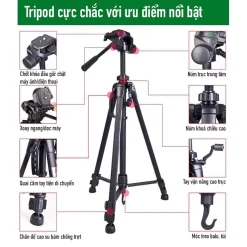 Tripod Điện Thoại Kiêm Chân Máy Ảnh,3520, 360 Độ 3 Chân Đa Năng, Điều Chỉnh Cao Thấp, Thiết Kế Chắc Chắn Cao 140cm-170cm
