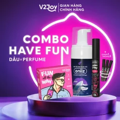 Combo Have Fun V2Joy - Bao cao su 3in1 hương dâu, Bọt vệ sinh nam giới Oniiz và Xịt thơm miệng Dating spray tùy chọn