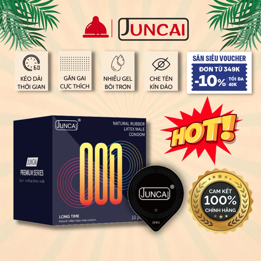 Bao cao su Juncai Long Time kéo dài thời gian quan hệ, siêu mỏng nhiều gel bôi trơn, gân gai cao cấp - hộp 10 bcs
