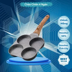 Chảo Chiên Rán Trứng Làm Bánh 4 Ngăn 4 Lỗ Chống Dính - Khuôn Chảo Chống Dính Tay Cầm Gỗ 4 ngăn nấu được mọi loại bếp