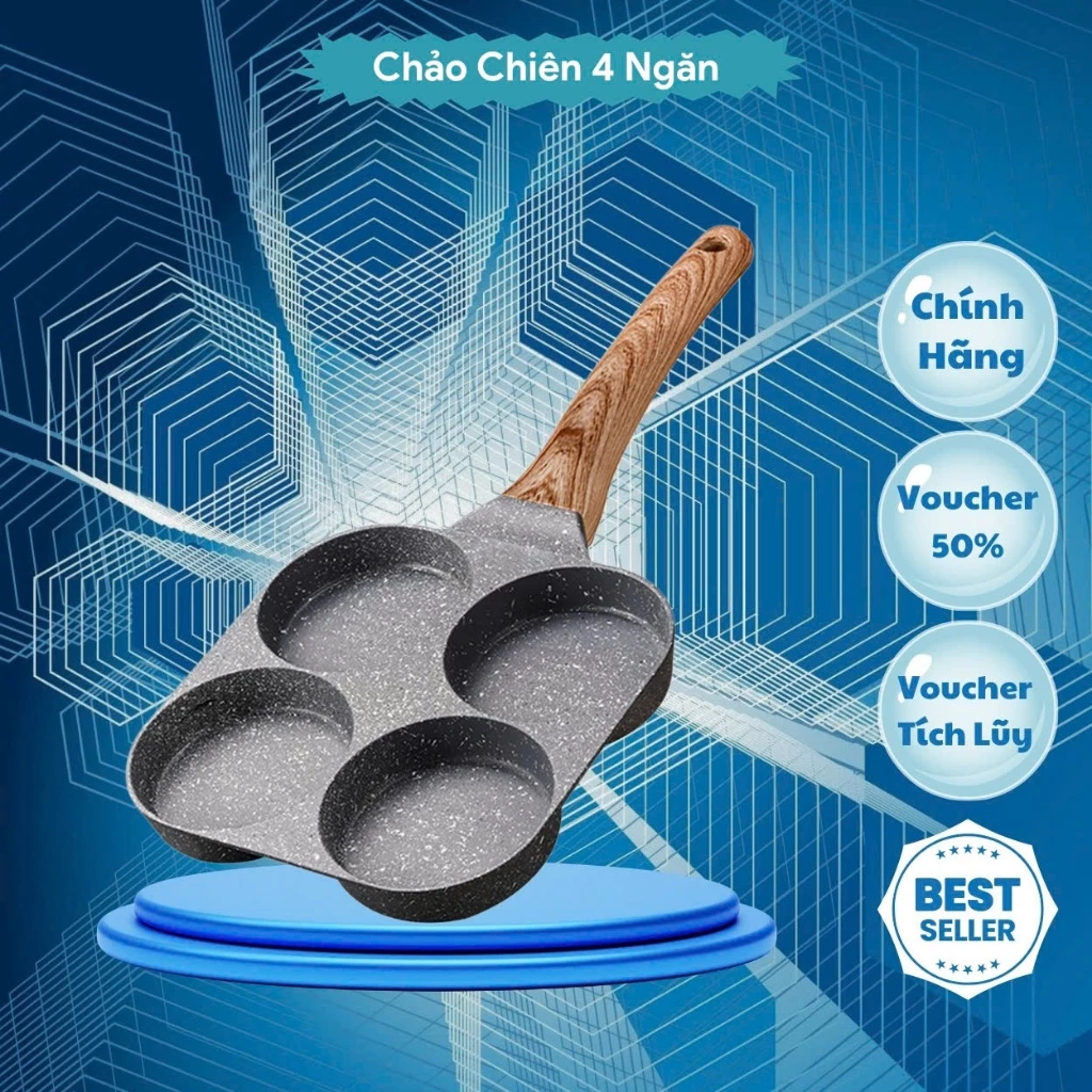 Chảo Chiên Rán Trứng Làm Bánh 4 Ngăn 4 Lỗ Chống Dính - Khuôn Chảo Chống Dính Tay Cầm Gỗ 4 ngăn nấu được mọi loại bếp