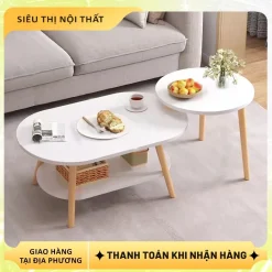 Bàn trà sofa Phòng Khách Sang Trọng Chân gỗ tự nhiên cao cấp Lắp Ráp Dễ Dàng Bàn Trà Hình Ovan 2Tầng