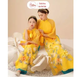 Áo dài mẹ và bé Cúc Vàng Mộc Trà, 4 tà 2 lớp, đính kết thủ công cao cấp {10-75kg} - Mai Áo Dài