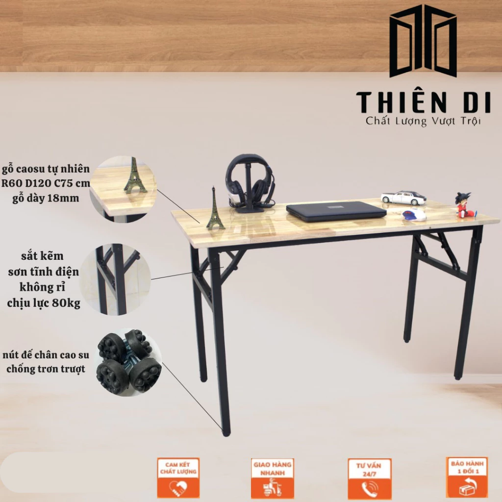 Bàn học , làm việc gấp gọn , mặt bàn gỗ cao su tự nhiên , chống nước cực tốt , bàn đã lắp ráp sẵn -