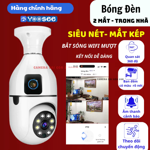 Camera wifi YOOSEE Trong Nhà Chui Bóng Đèn 2 Mắt 12Mpx FULL HD xoay 360 độ - Xem Ban Đêm Màu Rõ Nét - Đàm Thoại 2 Chiều