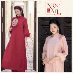 Áo Dài Gấm "Vân Sa Tay Đính Lông Vũ " Vải Gấm dáng suông cao cấp - Áo Dài Mộc An