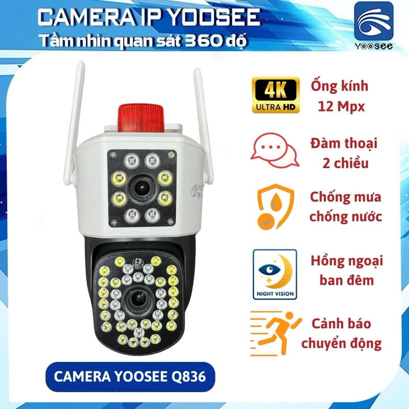 Camera wifi 2 mắt Yoosee góc rộng siêu nét 836L ngoài trời đàm thoại 2 chiều có màu ban đêm