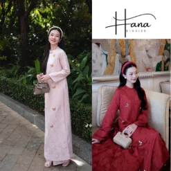 Áo Dài Nữ Hiểu Khanh Màu Hồng Đính Bướm Sang Trọng - Hàng Chính Hãng C30