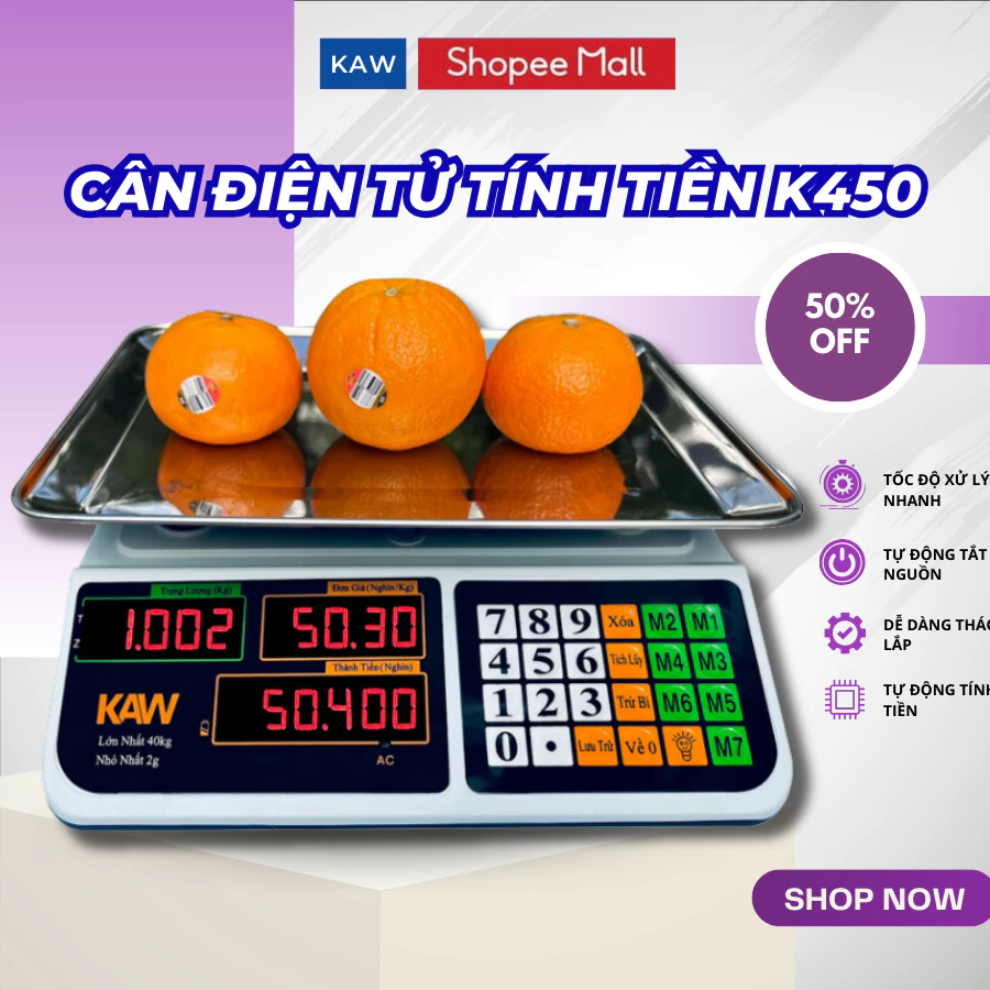 Cân điện tử tính tiền 40kg KAW K450, cân chống nước, tốc độ xử lý nhanh, bảo hành chính hãng