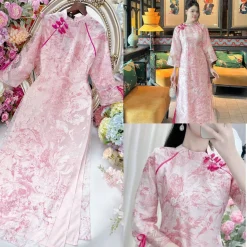 Áo dài cách tân 4 tà voan tơ hình ánh kim tay lỡ loe cách điệu đính nơ nhẹ nhàng hàng may sẵn