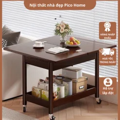 Bàn trà 2 tầng di động bánh xe có khoá hãm, mặt bàn có thể mở rộng tiện ích đa năng, Bàn trà cạnh sofa lắp ráp đa năng