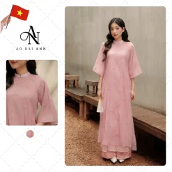 Áo Dài Dáng Suông Tơ Sa 4 tà chất vải tơ thêu với tông màu hồng nhẹ nhàng - Áo Dài ANN