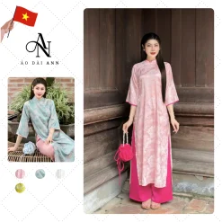 Áo Dài cách tân dáng suông vải gấm Long Phụng cổ trụ, Bộ Áo Dài mặc lễ Tết, đi chùa - AodaiANN