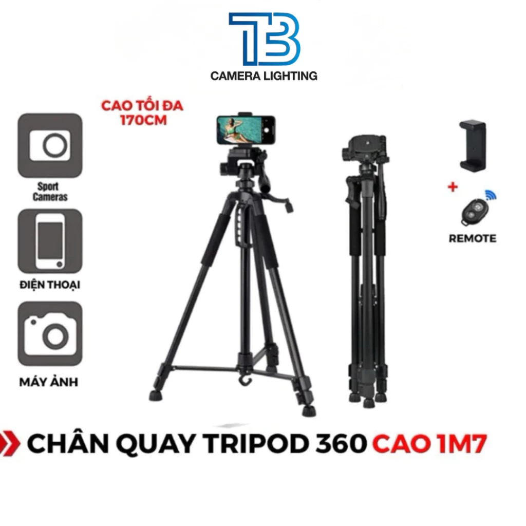 Chân quay Tripod cho Máy ảnh Điện thoại cao 1m5 / 1m7, xoay 360, Tặng Kèm Remote, Túi Đeo, Kẹp ĐT