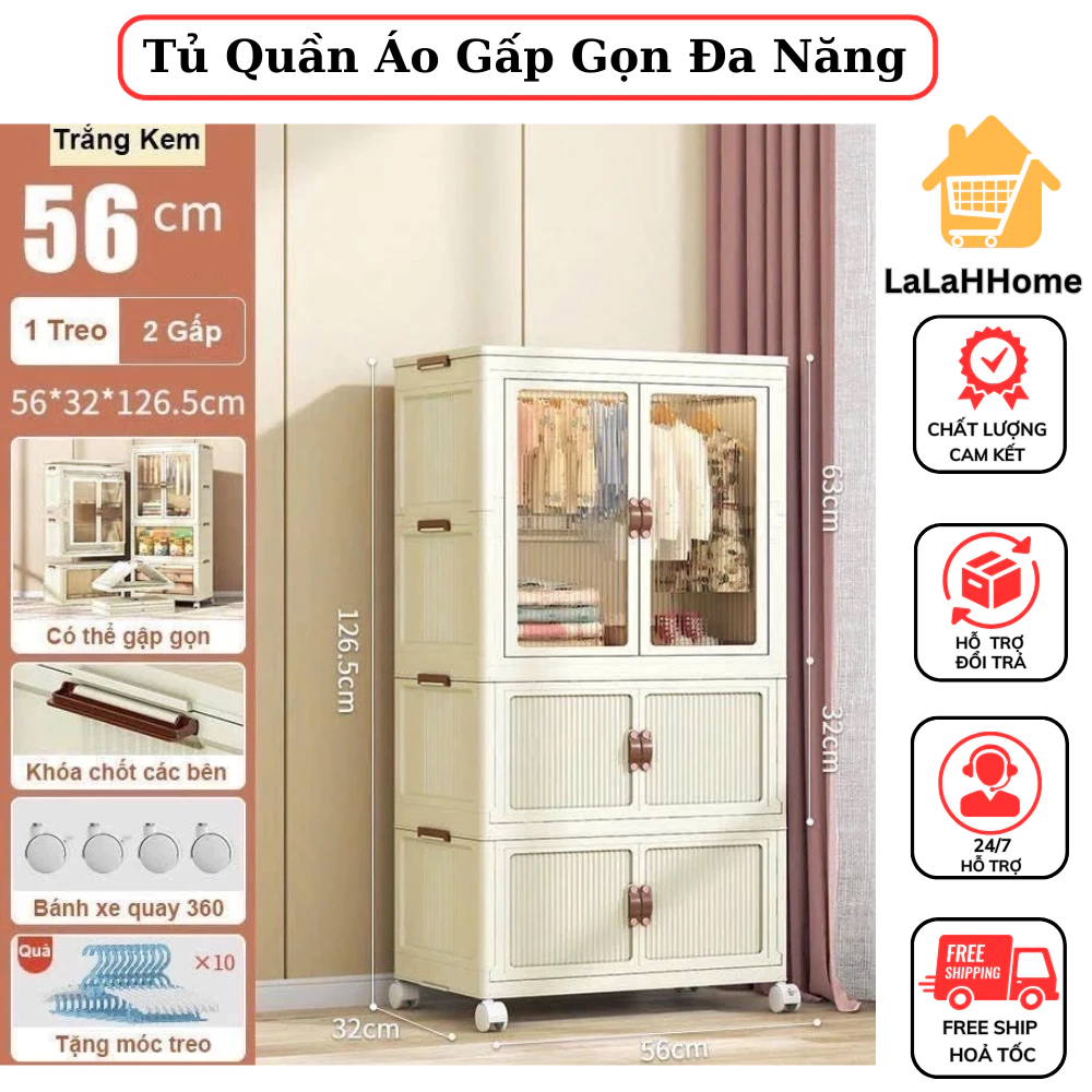 Tủ Quần Áo Gấp Gọn Đa Năng, Tủ Quần Áo Trẻ Em Cửa Trong Suốt Gắn Bánh Xe, Chất Nhựa ABS An Toàn LaLaHHome