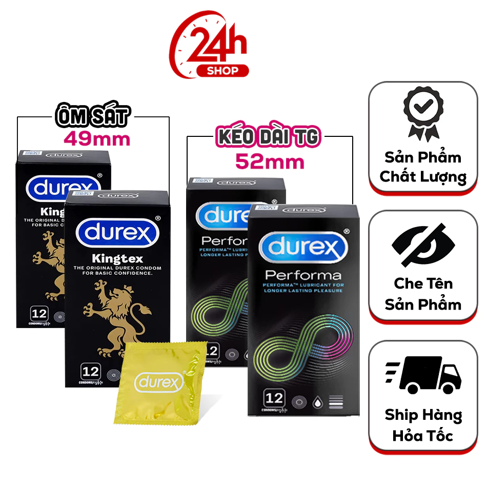 Bộ 4 hộp bao cao su Durex Performa 12 bao và Durex Kingtex 12 bao. Bcs Kéo Dài Thời Gian Quan Hệ, Cho Cảm Giác Chât Thật