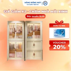 Tủ treo quần áo để đồ cho bé có bánh xe gấp gọn có cửa trong suốt nhựa cao cấp