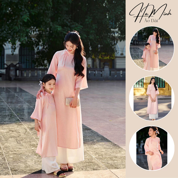 Áo dài mẹ và bé cách tân dáng suông lụa gấm thiết kế dây cổ tết đính nơ tay lỡ loe mặc dịp lễ tết
