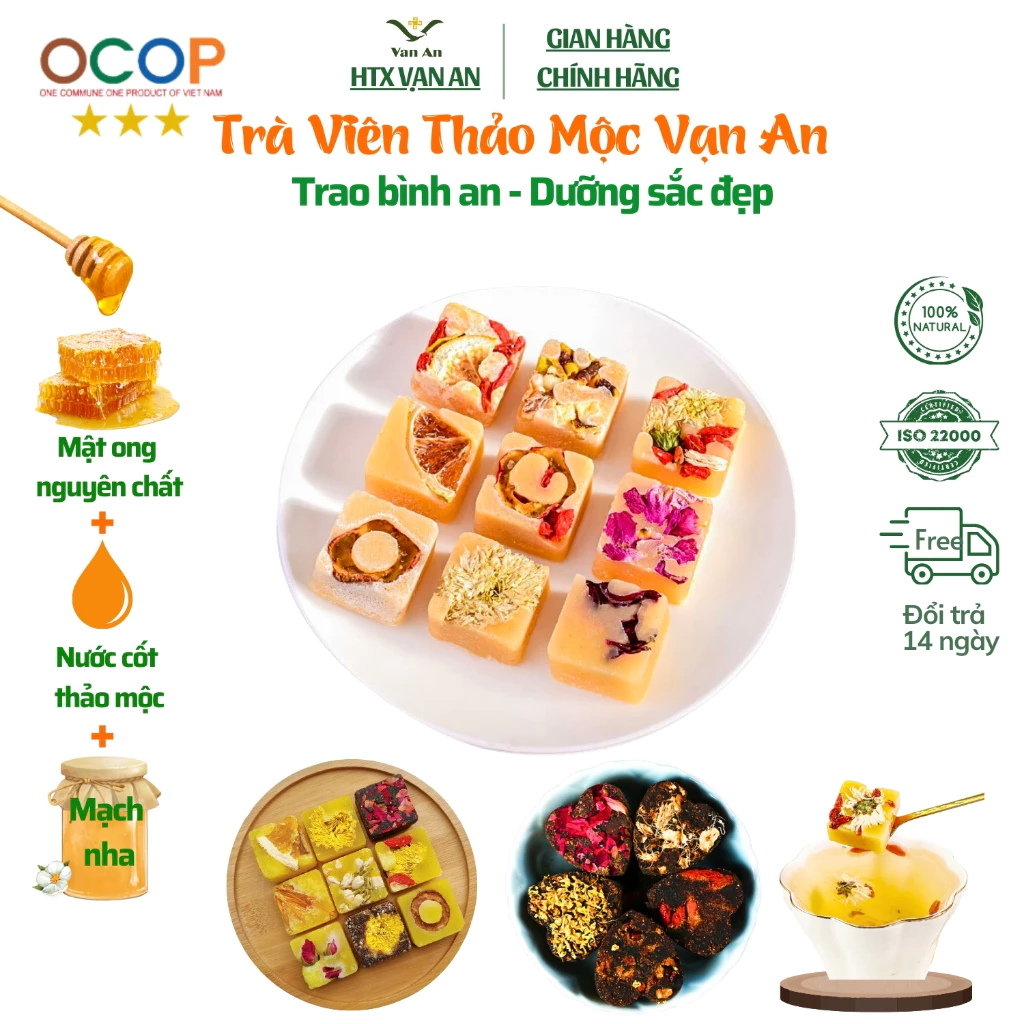 Trà hoa cúc đường phèn mật ong Mix Vị Vạn An gồm nhiều loại thảo mộc giúp dưỡng nhan ngủ ngon
