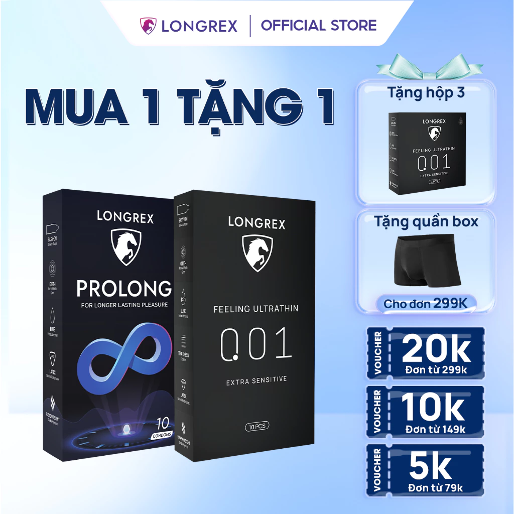 Bao cao su siêu mỏng Longrex kéo dài thời gian quan hệ combo 2 hộp mùi hương Vani nhiều gel hộp 10 bcs LR09