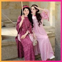 Áo dài cách tân gấm hỷ lá tay xòe phối cổ hàng may sẵn