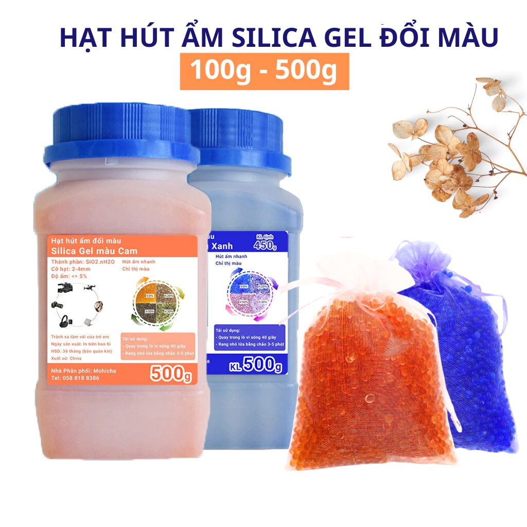 Hạt hút ẩm Silica Gel đổi màu hút ẩm nhanh, có thể tái sử dụng nhiều lần, đóng gói tiện dụng