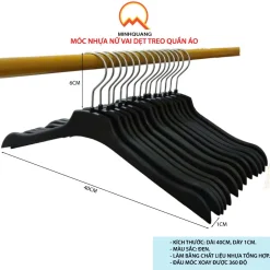 Móc treo quần áo nhựa size nữ màu đen, dài 40cm, mắc có thiết kế dẹt giúp tiết kiệm tích cho tủ đồ