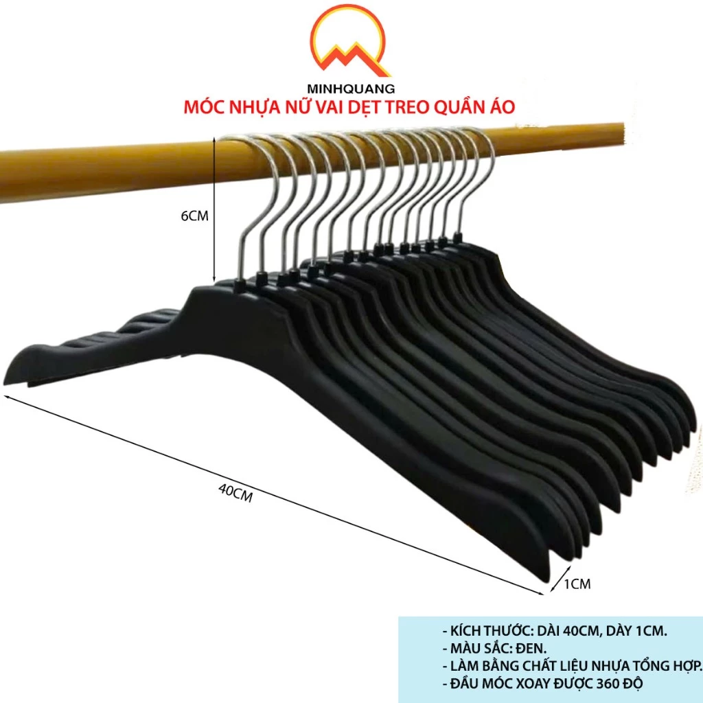 Móc treo quần áo nhựa size nữ màu đen, dài 40cm, mắc có thiết kế dẹt giúp tiết kiệm tích cho tủ đồ