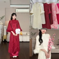 Áo dài Bích Sư dáng suông họa tiết Kỳ Lân tay đính Lông Vũ mặc chụp ảnh, sự kiện, lễ tết, cưới hỏi