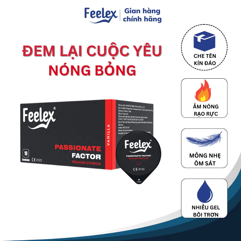 Bao cao su Feelex Passionate Factor siêu mỏng, truyền nhiệt, cảm giác chân thật, hộp 10 bcs