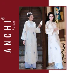 Áo Dài Cách Tân Diên Phúc Dáng Suông, Chất Vải Tơ Thêu Họa Tiết Bướm, Tay Dài 2 Lớp - Áo Dài ANCHI