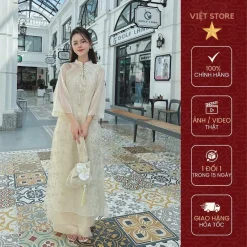 Áo dài cách tân áo dài cao cấp 4 tà chất liệu voan ren thêu nổi cao cấp xẻ cổ - VIỆT Store V123