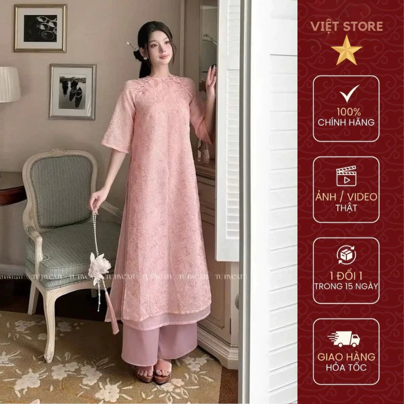 Áo dài cách tân nữ áo dài cao cấp 4 tà thiết kế thêu hoa hồng chất liệu vải tơ mềm mại - Việt Store V91