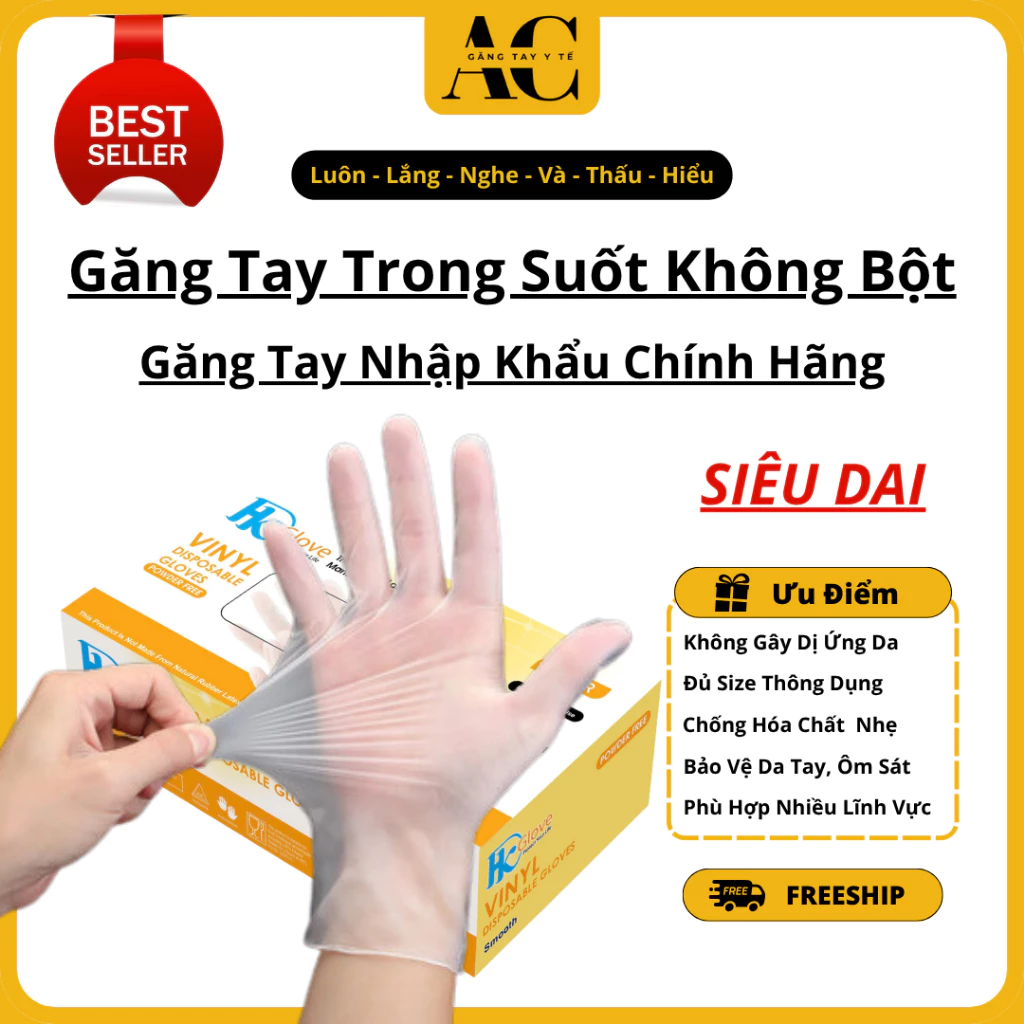 Hộp 100 chiếc, Găng Tay Cao Su Trong Suốt Không Bột Siêu Dai Dùng Nấu Ăn, Massage, Spa