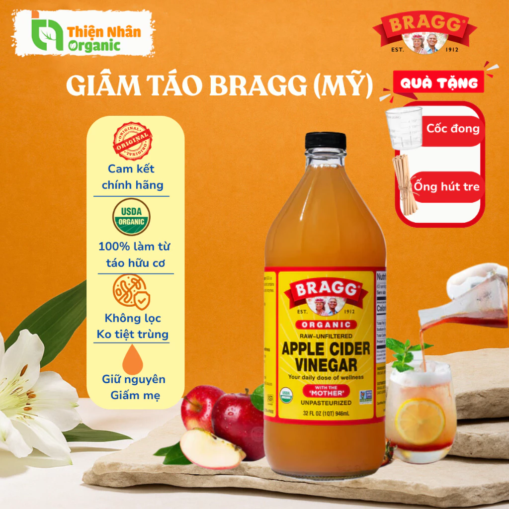 Giấm táo hữu cơ Bragg 473ml & 946ml Hàng Mỹ