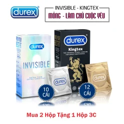 Combo 2 Hộp Bao Cao Su Durex King, Durex invisible. BCS Siêu Mỏng, Cảm Giác Chân Thực