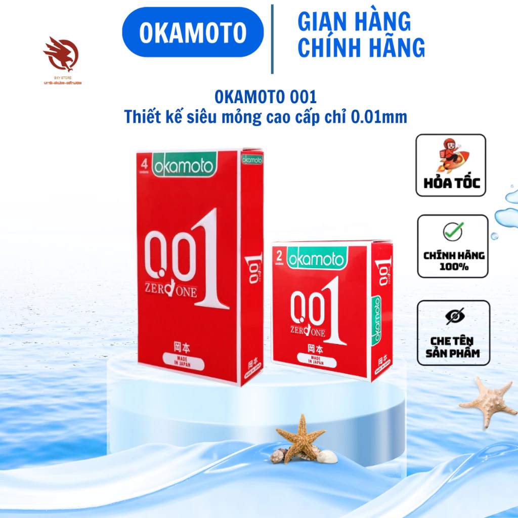 Bao cao su Okamoto 0.01 zero one, siêu mỏng cao cấp nhất thế giới, Truyền Nhiệt Nhanh - Hộp 2 - 4c