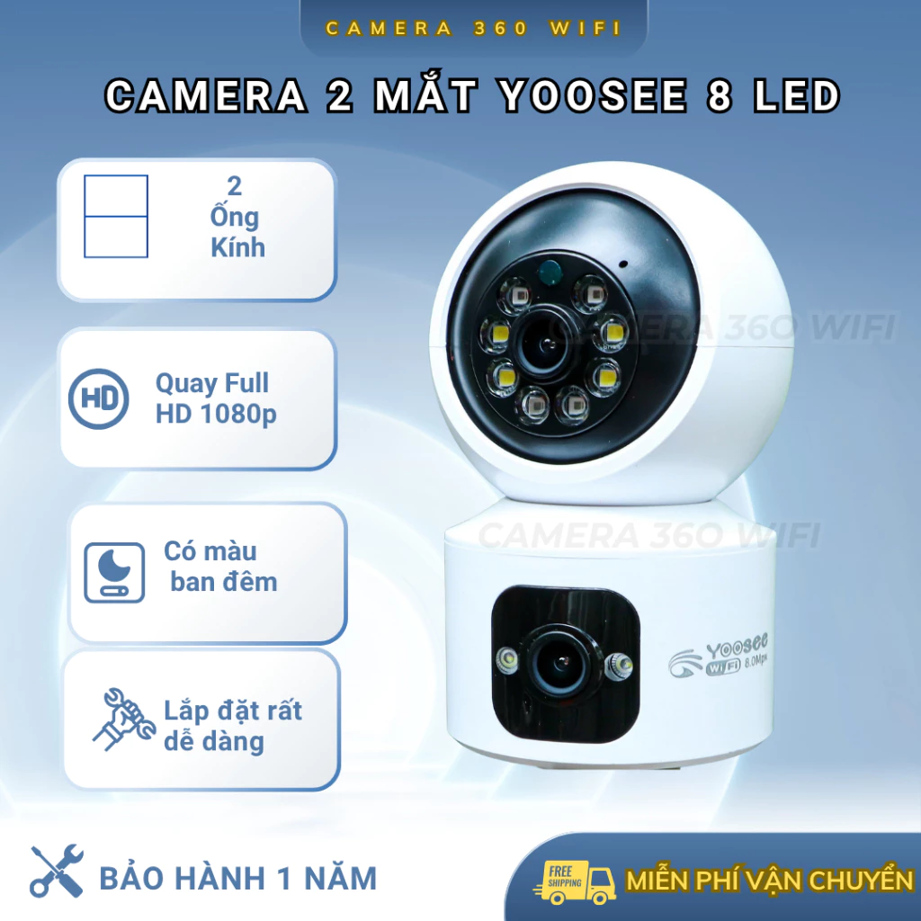 Camera Yoosee 2 MẮT XEM 2 MÀN HÌNH cùng lúc, xoay 360 độ,xem đêm có màu, hỗ trợ đàm thoại 2 chiều, BH 1 NĂM